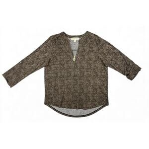 Michael Kors Top Animal Print Brown Black 1/2 Zip V-Neck Roll-Tab Sleeves Large